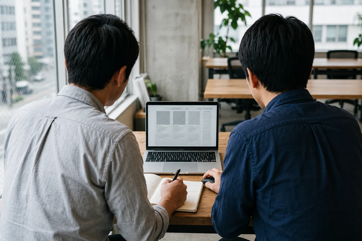 ノートPCの試作画面を一緒に確認する二人の後ろ姿