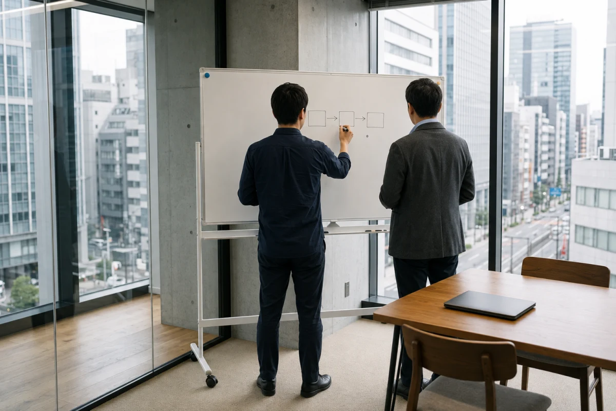 ホワイトボードで事業の構想を整理する二人の後ろ姿